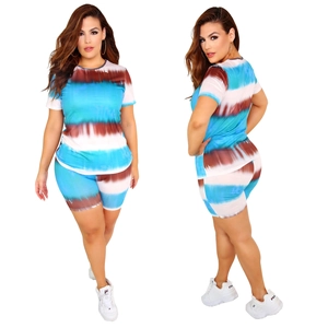 Women's tie-dye two-piece loungewear set with crew neck t-shirt and matching shorts