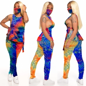 Detail view of tie-dye lounge set featuring side lace-up top and matching leggings