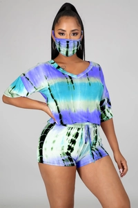 Detailed close-up of a vibrant tie-dye pattern on this leisure three-piece women set