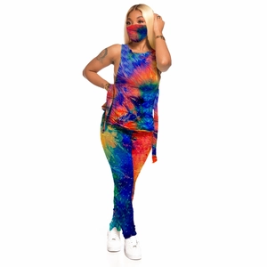 Women's 3-piece tie-dye set with crop top, leggings, and matching face mask