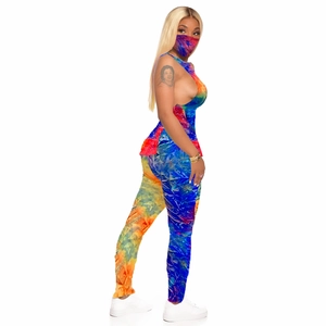 Three-piece women's tie-dye lounge set with halter top, leggings, and matching face mask