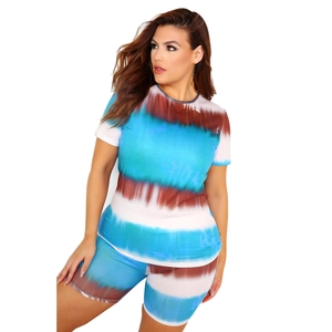 Detail of tie-dye lounge set showing high-elasticity fabric and blue-brown stripes
