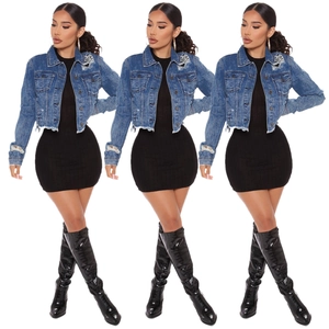 Women Vintage Washed Distressed Denim Jacket Ripped Long Sleeve Fringed Hem Slim Fit Short Cropped Streetwear Jean Coat