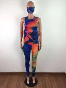 Detailed view of women's tie-dye three-piece set with vest, pants, and matching mask