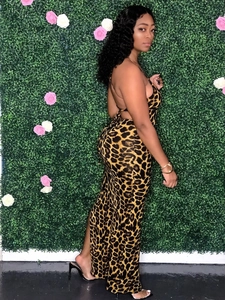 Detail showing the sexy backless design and leopard print pattern of the bodycon dress