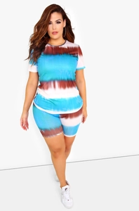 Detail of blue and brown tie-dye gradient pattern on women's casual short sleeve set