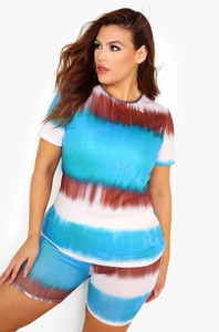 Detail of blue and brown tie-dye pattern on women's casual t-shirt and shorts set