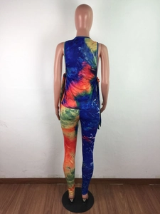 Detail view of tie-dye loungewear set featuring slim fit tank top and matching leggings