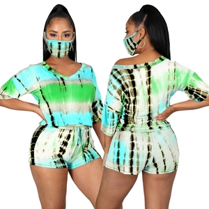 Women's casual 3-piece tie-dye lounge set with short sleeve top, shorts and face mask