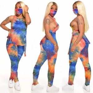 Three-piece women's tie-dye set showing side-tie vest and joggers from multiple angles