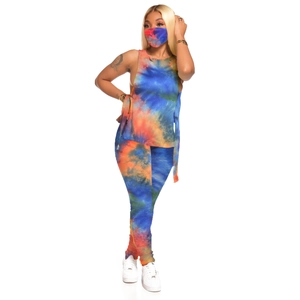 Three-piece women tie-dye loungewear set with tank top, pants and matching mask