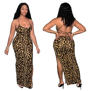 Sexy leopard print backless maxi dress with cross strap and high side slit detail