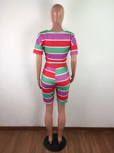Vue arrière d'un ensemble deux pièces en maille côtelée avec rayures tie-dye colorées