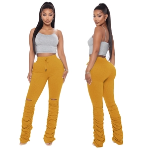 Pantalon froncé jaune moutarde pour femme avec taille haute, cordon et trous aux genoux