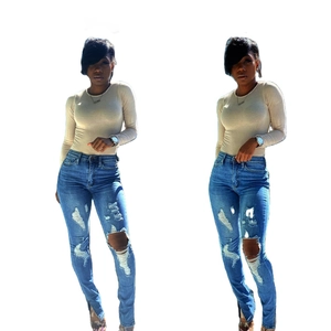 Vrouwen Hoge Taille Gescheurde Skinny Jeans Distressed Slim Fit Denim Broek Met Zijsplit Street Style Blauw