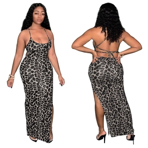 Summer leopard print backless maxi dress with spaghetti straps and high side slit