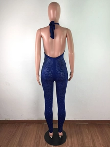 Dettaglio della tuta intera blu scuro con strass argentati e design con schiena scoperta