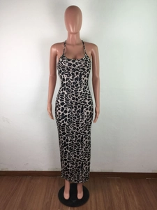 Detailed front view of a slim-fit leopard print maxi dress on a mannequin