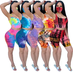 Women Tie Dye Top And Bottom Sporty Casual Sleeveless Crop Top High Waist Shorts Mask Included Cotton Linen Clothing