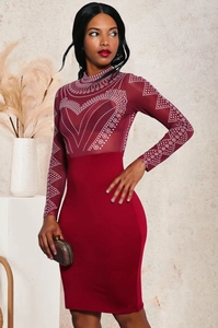 Detail of burgundy long sleeve bodycon dress with rhinestone patterns and sheer mesh