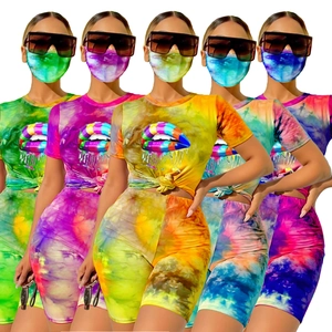 Completo Donna Top E Bottom Pantaloncini Con Mascherina Stampa Labbra Tie Dye Streetwear Estivo Casual
