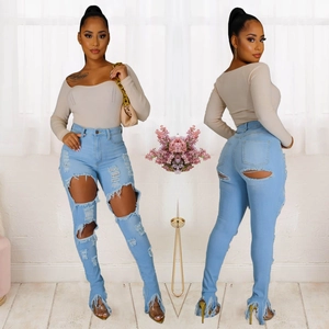 Jeans Déchirés Taille Haute Pour Femmes Bleu Clair Pantalon en Denim Usé Avec Ourlet à Franges Fente Streetwear Casual