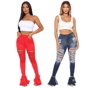 Women High Waist Distressed Flare Jeans Washed Denim Bell Bottom Pants With Frayed Hem Streetwear Style For Women
