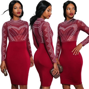Women Sexy Burgundy Bodycon Dress Rhinestone Mesh Patchwork Long Sleeve Mock Neck Party Club Evening Midi Dress