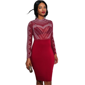 Slim fit red long sleeve party dress with rhinestones and mesh patchwork detail