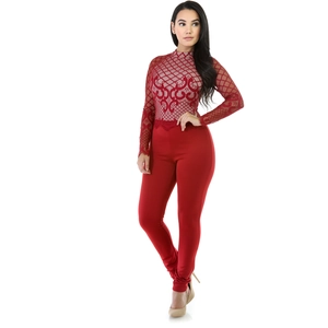 Combinaison sexy rouge pour femme avec manches longues en dentelle et broderie