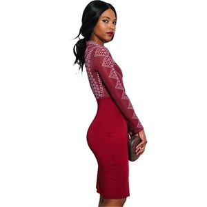 Elegant deep red bodycon dress with sheer mesh long sleeves and geometric patterns