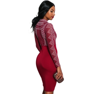Slim fit burgundy long sleeve dress with white geometric patterns and rhinestone details