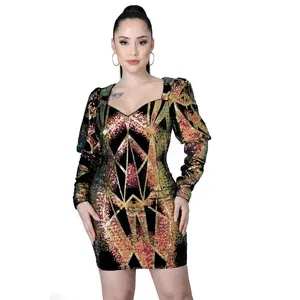 Mini robe de soirée en velours à paillettes géométriques avec encolure carrée et manches