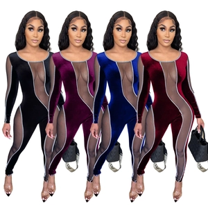 Sexy Damen Samt Netz Patchwork Overall Langarm Slim Fit Einteiler Party Clubwear Catsuit Romper Elegant