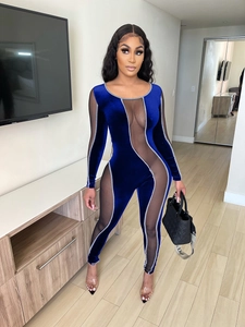 Detail eines Samt-Bodysuits mit transparenten Netzeinsätzen und silbernen Verzierzungen