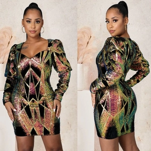 Robe Mini Moulante Sexy à Col en V et Paillettes Manches Longues Motif Géométrique Robe de Soirée Scintillante