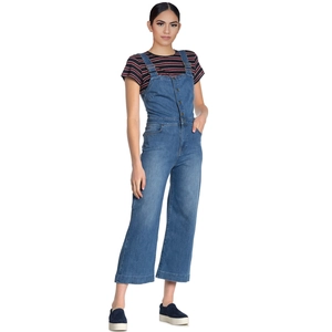 Dunkelblauer Damen-Jeans-Jumpsuit mit schmalen Trägern und stilvoller, weiter Beinsilhouette