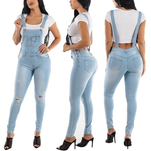 Women's light blue distressed skinny denim overalls with adjustable straps shown in three views
