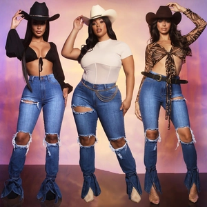 Pantaloni Jeans a Campana Strappati a Vita Alta da Donna Effetto Consumato Orlo Stringato Denim Stretch Vestibilità Slim