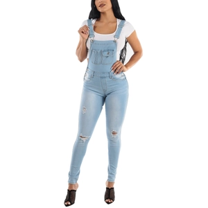 Slim fit light blue distressed denim overalls for women with ripped details and metal buckles