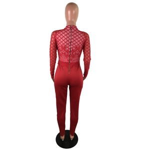 Vue arrière de la combinaison en dentelle rouge avec mesh ajouré et zip dorsal long