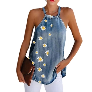 Damen Halter-Denim-Top mit weißem Gänseblümchen-Print und ärmellosem Sommerdesign