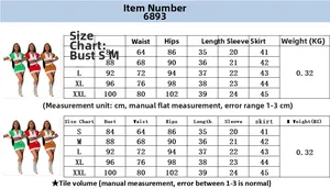 Size chart showing S-XXL measurements for the two-piece short sleeve crop top and skirt set
