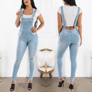 Women Casual Ripped Denim Overalls Light Blue Distressed Jeans Jumpsuit Adjustable Metal Buckle Streetwear Pinafore Pants