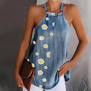 Damen Gänseblümchen Druck Halter Denim Top Ärmellos Casual Halterneck Denim Weste Rückenfrei Sommer Tank Top Streetwear Für Damen