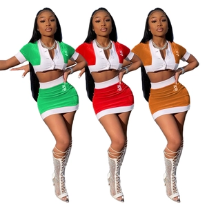 Women Sexy Contrast Color Velvet Crop Top And Mini Skirt Short Sleeve V Neck Bodycon Sporty Clothing Suit For Party