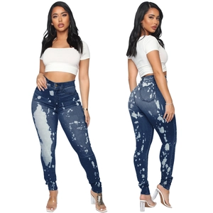 Damen Skinny Jeans mit hoher Taille und einzigartigem weißen Bleichspritzer-Muster