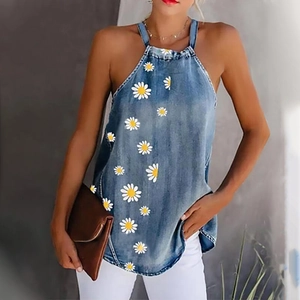 Damen Denim-Neckholder-Top mit Gänseblümchen-Print in Hellblau, rückenfrei