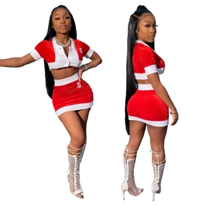 Two-piece set with red and white contrast trim velvet crop top and mini skirt