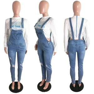 Detailed views of ripped denim overalls and long sleeve letter print t-shirt set